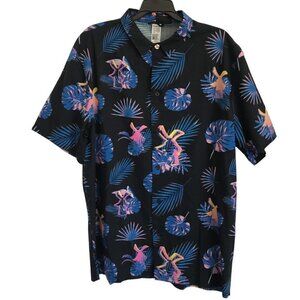 Dutch Bros Coffee Men Hawaiian Button Front Shirt L Windmill Logo Tropical Leaf